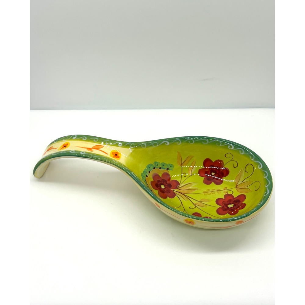 Pier 1 Hand Painted Earthenware Spoon Rest Green Red Floral Glossy Kitchen Decor